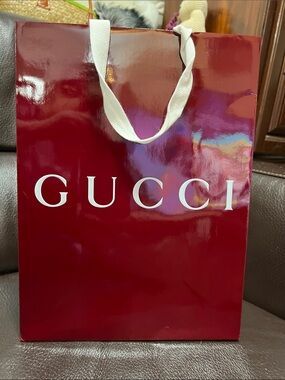 Gucci Glossy Burgundy Shopping Bag with White Ribbon Handles